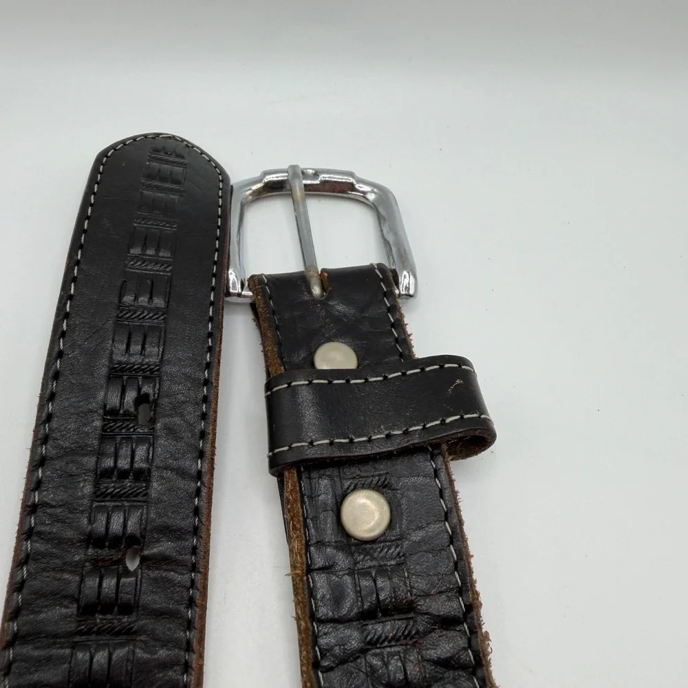 Vintage Black Leather Embossed Belt Size 50 Distressed White Stitch Workwear